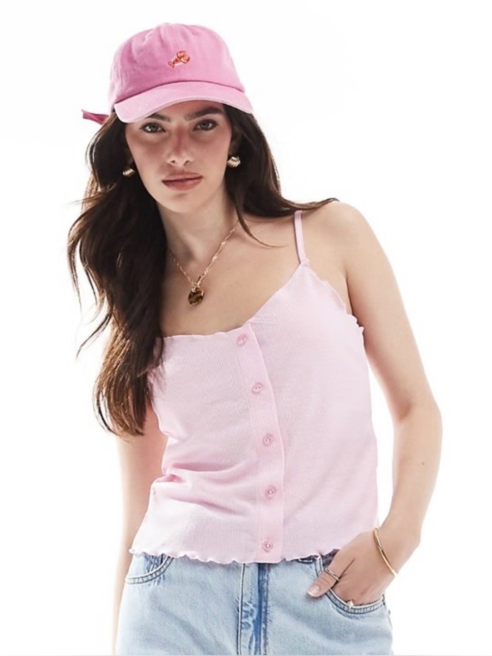 PIECES Pink Ribbed Button-Front Spaghetti strap Cami Tank Top - Women